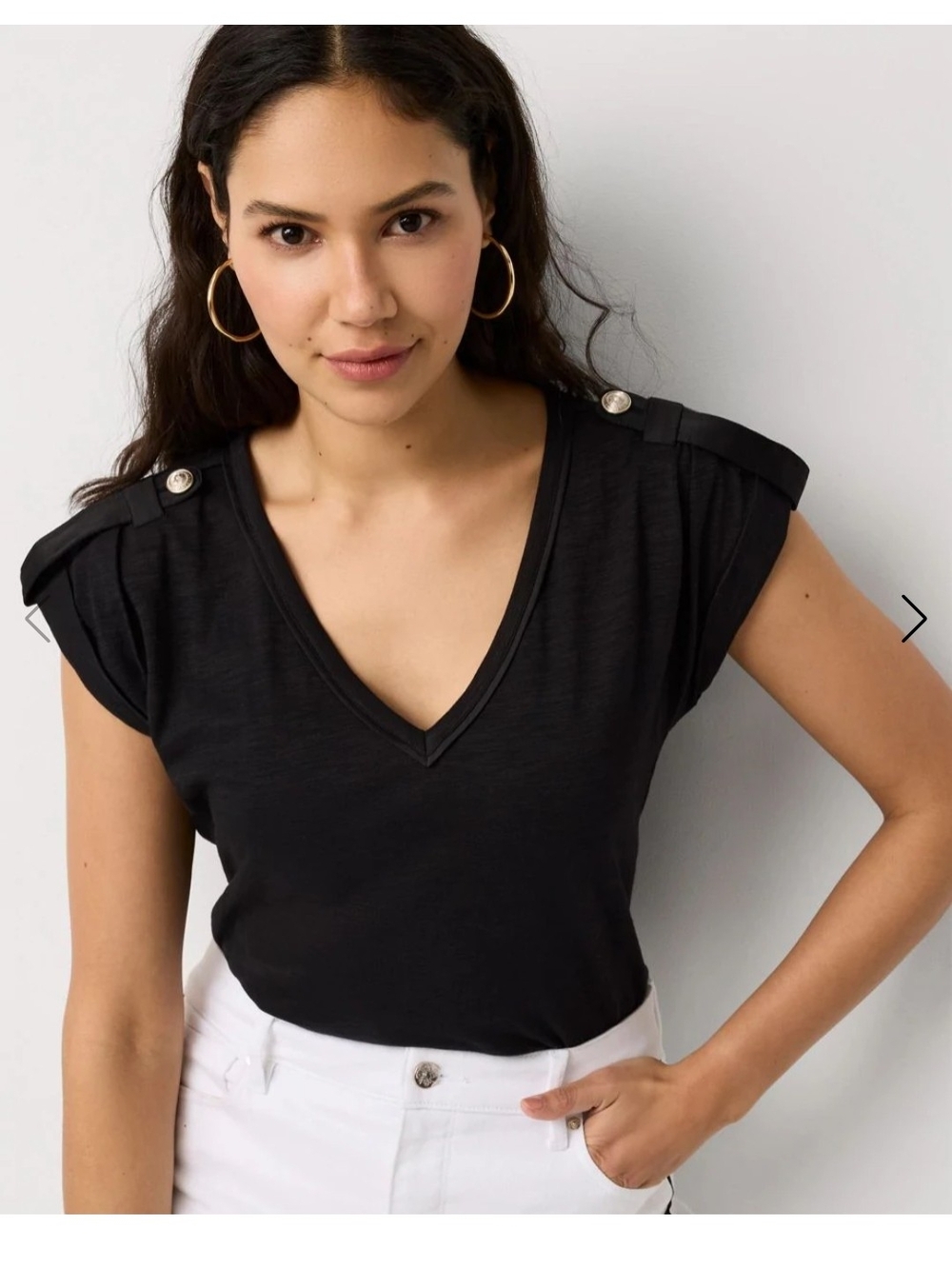 WHBM Women's Black V-Neck Cap Sleeve Top with Shoulder Tabs